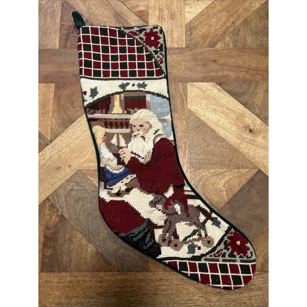 Vintage Needle Point Christmas Stocking Santa's Workshop Toys Wool Velvet